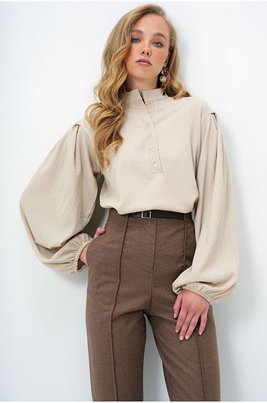 Women's Beige Judge Collar Front Buttoned Balloon Sleeve Textured Shirt Blouse