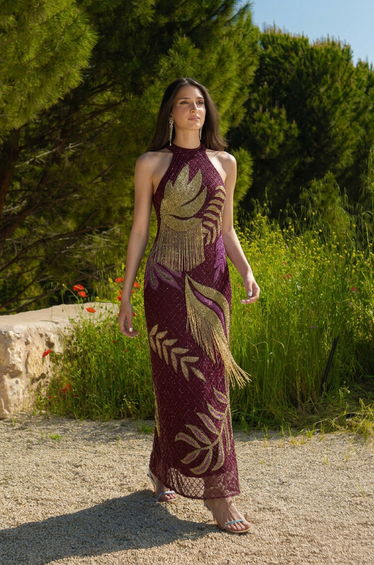 Tropical Beaded Strappy Back Woven Halter Maxi Dress