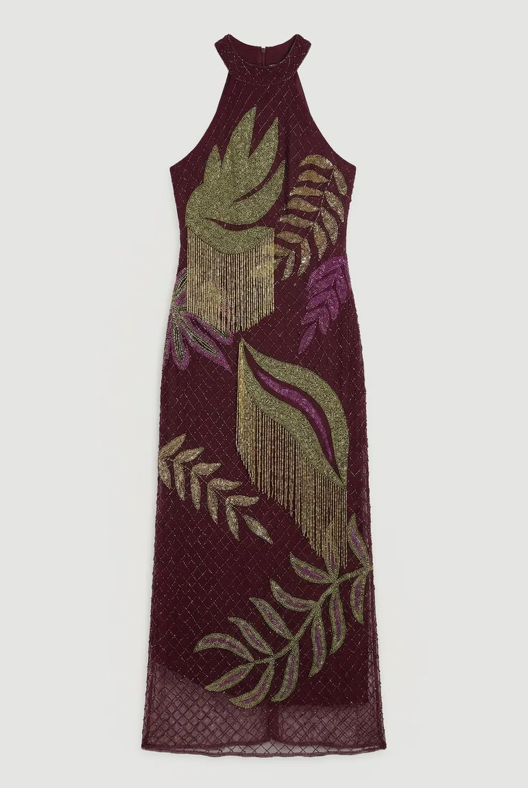 Tropical Beaded Strappy Back Woven Halter Maxi Dress