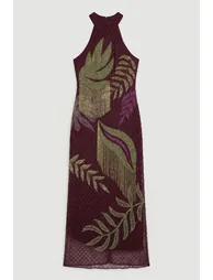 Tropical Beaded Strappy Back Woven Halter Maxi Dress