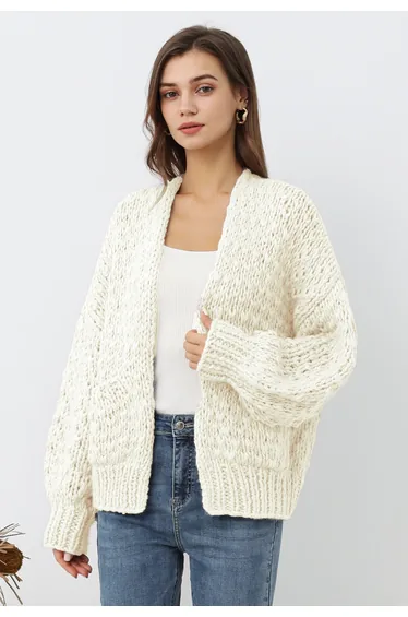 Chunky Hand Knit Patch Pocket Open Front Cardigan in White