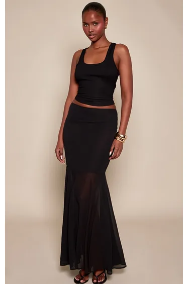 Black Chiffon Fishtail Maxi Skirt