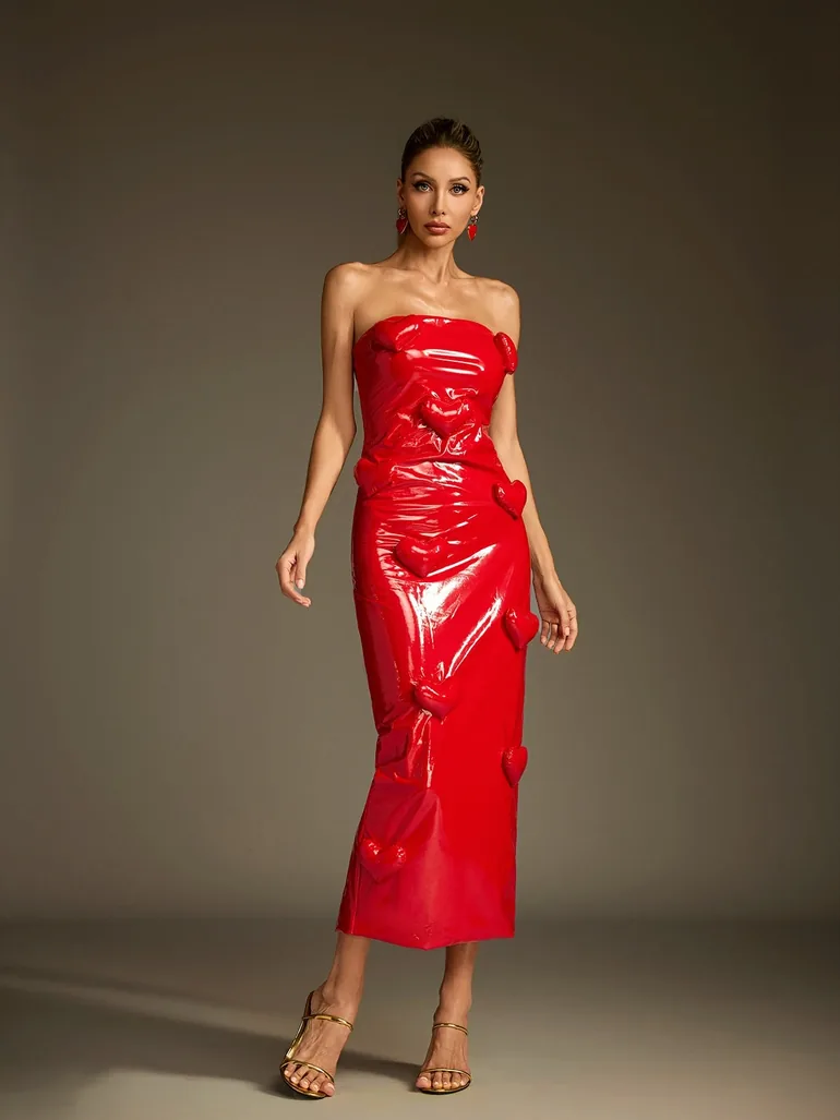 Taron Strapless Heart Leather Midi Dress Mew Mews Red : Premium Dresses :  VogaCloset Kuwait