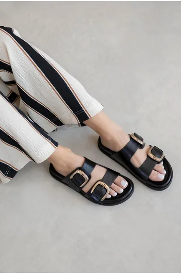 Harden Women's Buckle Detail Daily Comfort Leather Slippers Black