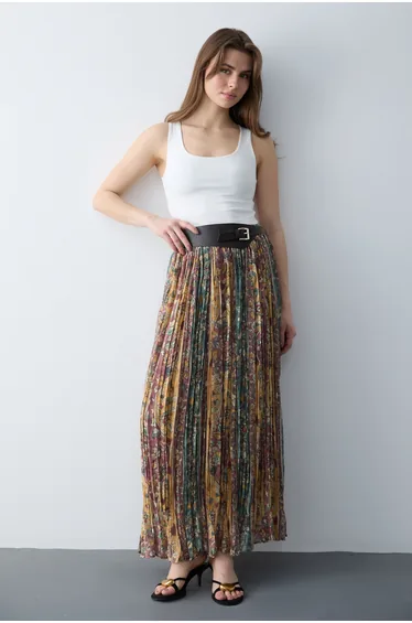 Colorful Shawl Patterned Belted Voile Woven Pleated Long Maxi Skirt