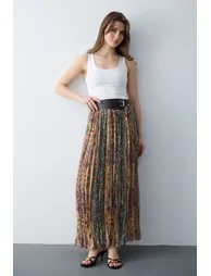 Colorful Shawl Patterned Belted Voile Woven Pleated Long Maxi Skirt