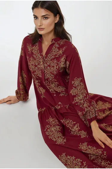 Printed Long Sleeve Viscose Maxi Dress