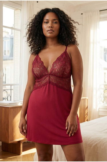 Burgundy Lace Piece and Slit Thread Strap Knitted Babydoll/Fantasy Nightgown