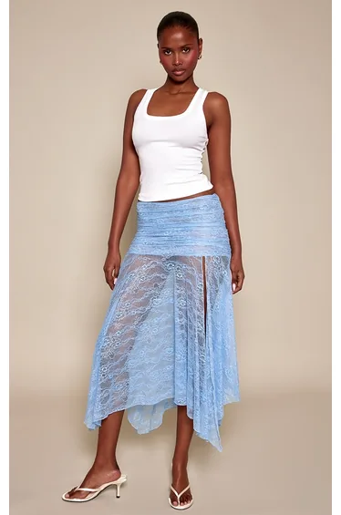 Sky Blue Lace Ruched Waist Midaxi Skirt