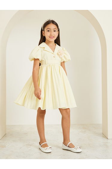 Girls Yellow Pleated Collared Dress with Belt
