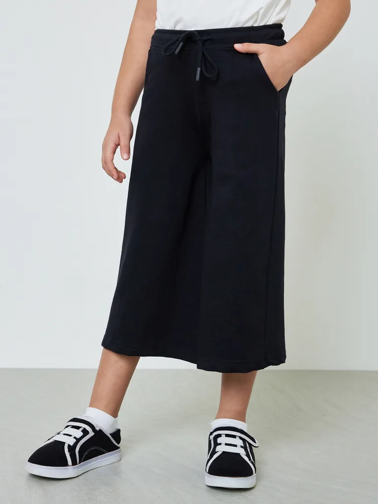 Girls Black Cotton Wide Leg Cropped Joggers - 1