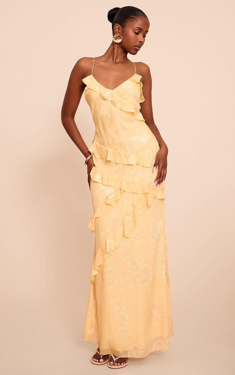 frill embroidered maxi dress product info and reviews Brown Floral Embroidered Dress Sweetheart Neckline Maxi