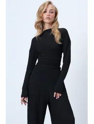 Women's Black Crew Neck Gathered Waist Blouse and Pants Set - 1