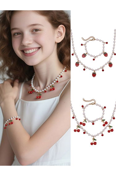 Set of 2 - Strawberry Pendant Faux Pearl Necklace with Bracelet