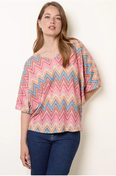 Zig Zag Metallic Bow Back Top