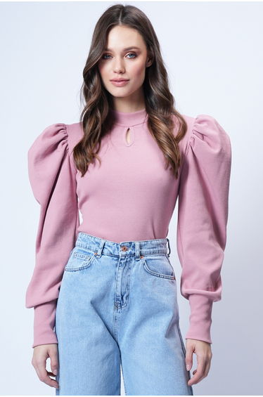 Women's Powder Crew Neck Drop Neckline Princess Sleeve Knitwear Blouse