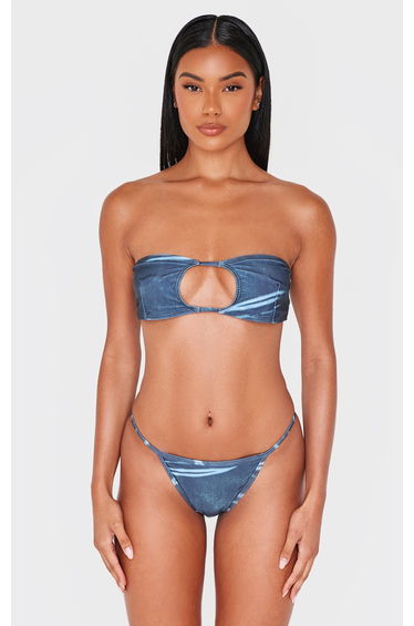 Blue Abstract Print Bandeau Cut Out Bikini Top