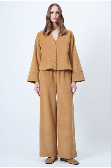 Women's Camel Hakim Collar Gold Button Detailed Velvet Jacket and Palazzo Pants Piece Set