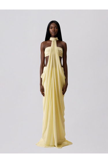 Layric Halterneck Draped Skirt Set In Butter Yellow