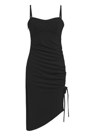 Ruched Drawstring Slit Hem Cami Dress in Black
