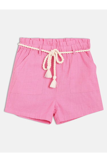 Girls Cotton Plain Shorts with Rope Belt