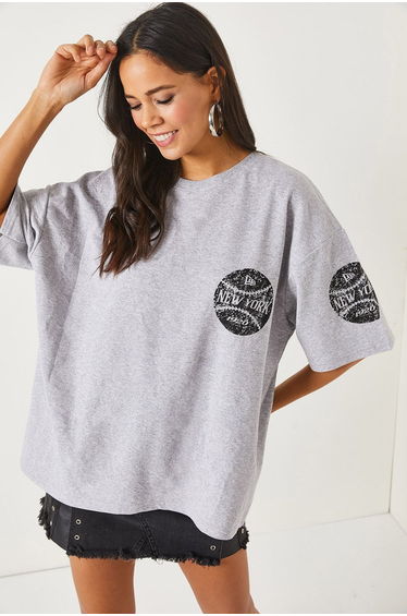 New York Gray Front Back Printed 2 Threads Unisex Oversized T-Shirt