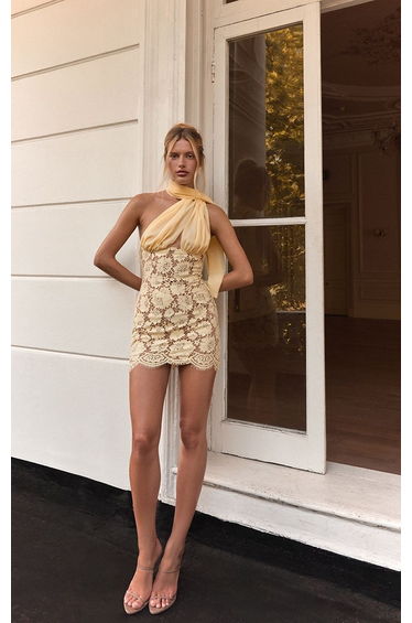PLT Label Buttercream Lace Bodice Chiffon Bust Detail Dress