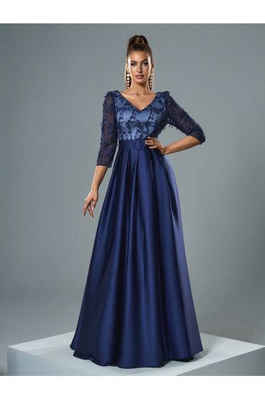 Leely Elegant V Neck Three Quarter Length Sleeve Evening Gown