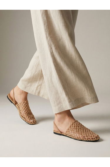 Women Tan Crochet Flat Slingback Sandals