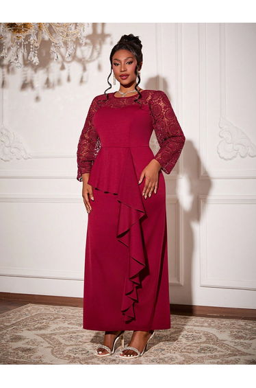 Leely Plus Women's Elegant Round Neck Long Sleeve Party Dress