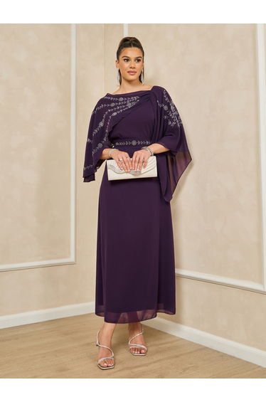 Embellished Cape Sleeve A-Line Maxi Dress