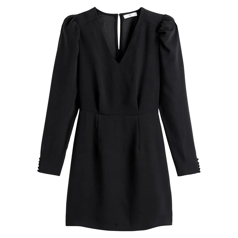 Recycled Mini Shift Dress with V-Neck and Long Puff Sleeves - 4