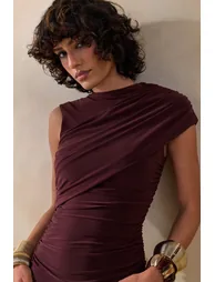 Nocturnal | Brown Ruched Mini Dress With Sash - 4
