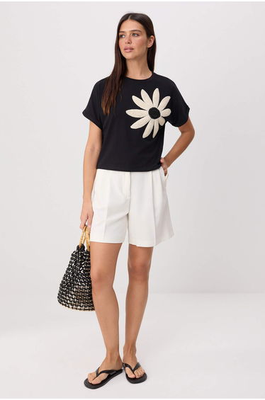 Black Floral Regular/Normal Fit Short Sleeve Tok 100% Cotton Knitted T-Shirt