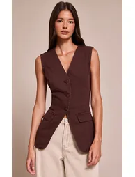 Chocolate Tailored Style Longline Denim Waistcoat