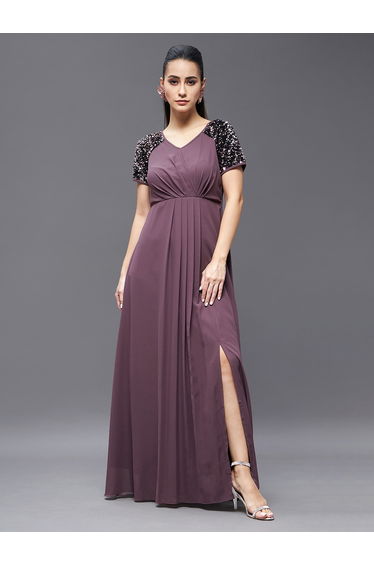 Embellished Purple Pleated Maxi Dress