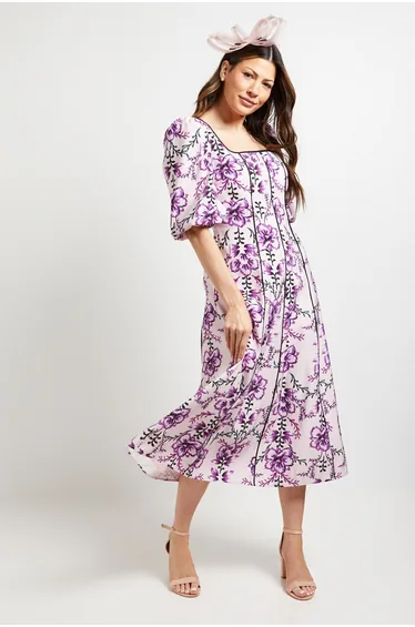 Floral Contrast Ottoman Twill Midi Dress