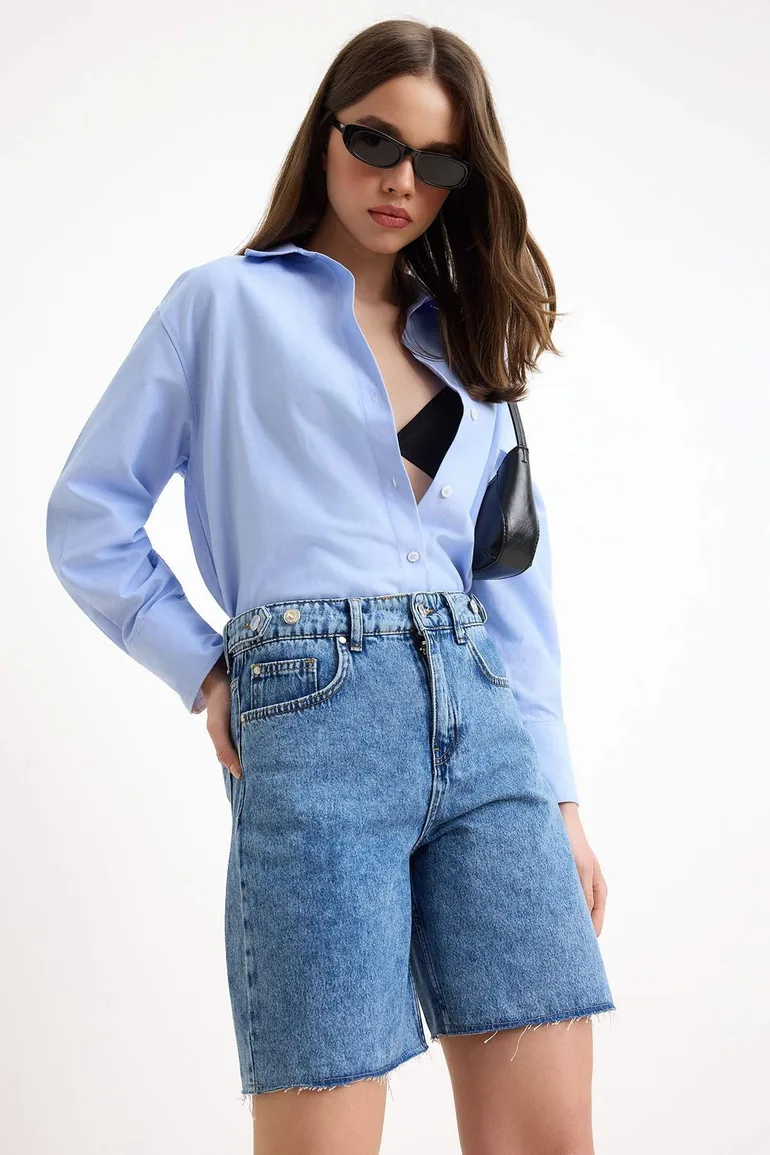 Blue Adjustable Waist High Waist Denim Bermuda - 1