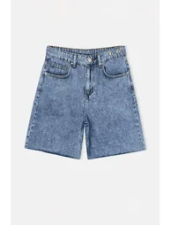 Blue Adjustable Waist High Waist Denim Bermuda - 4