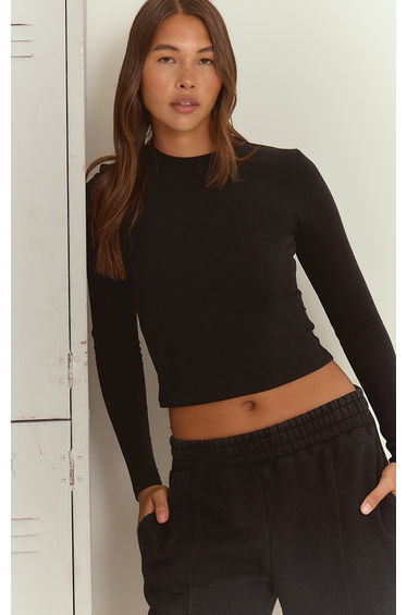 Black Melange Soft Cotton Long Sleeve Top