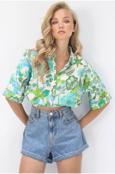 Women's Green Floral Patterned Double Sleeve Crop Shirt
