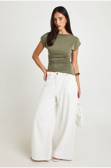 Modal Cap Sleeve Asym Hem Top - khaki