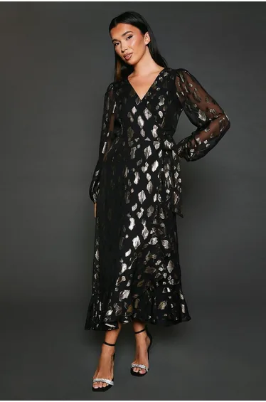 Jacquard Ruffle Wrap Long Sleeve Midi Dress