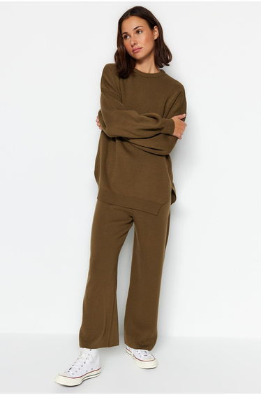 Khaki Wide Fit Balloon Sleeve Knitwear Two Piece Set