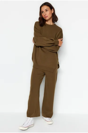 Khaki Wide Fit Balloon Sleeve Knitwear Two Piece Set