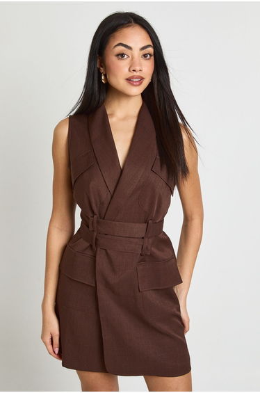 Utility Belted Waistcoat Sleeveless Blazer Dress - chocolate