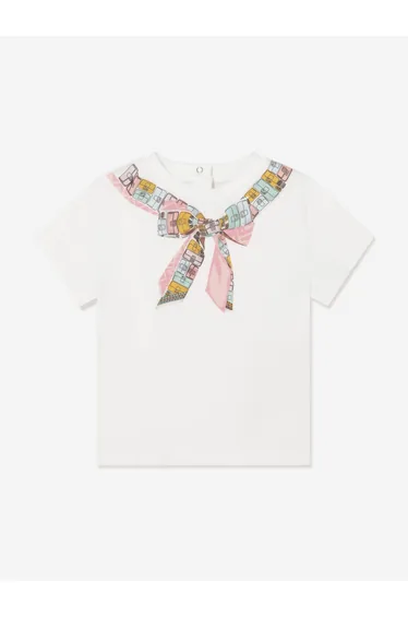 Fendi Baby Girls Trompe l'oeil Bow Print T-Shirt in White