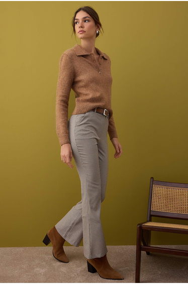 Brown-Multicolored Belted Flare Plaid Pants