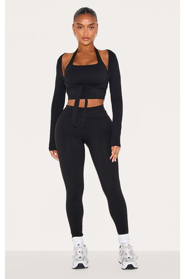 Shape Black Active Layered Long Sleeve Under Bust Support Strap Padded Top