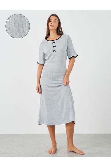 Textured Rib Contrast Edge Bow Detail Night Dress